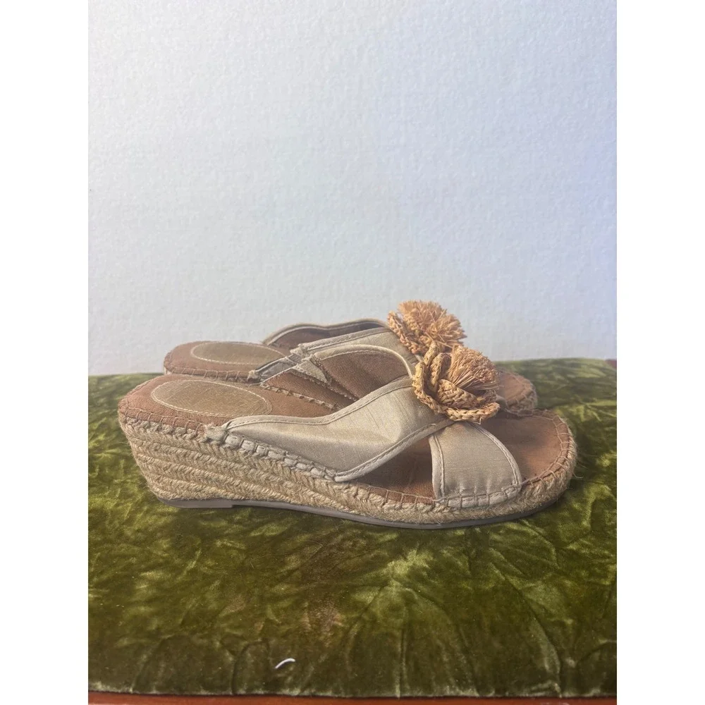 Life Stride Racy Beige Fabric Espadrille Wedge Sandals Flower 9 M‎